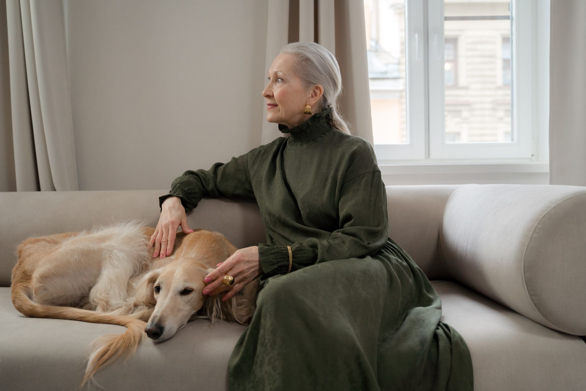 A person holding a senior dog closely