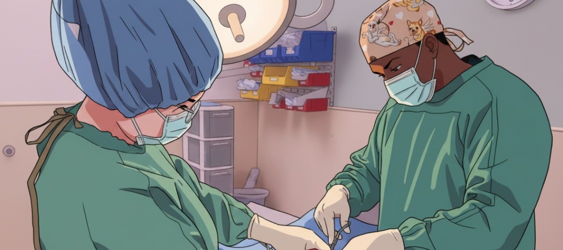 An illustration of two members of our surgical team performing a procedure
